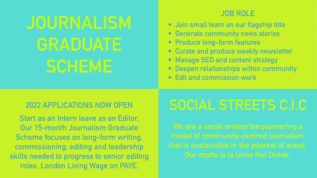 Advertisement for Social Streets' journalism graduate scheme at Roman Road LDN.
