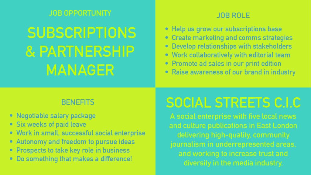 Subscriptions and Partnerships Manager at Social Streets CIC
